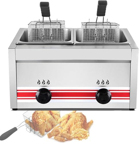 Dfdieratve Freidora Comercial, Freidora EléCtrica de Encimera de 20 litros, Freidoras Grandes de Acero Inoxidable de Alta Resistencia con Cestas Dobles, Tapa y Patas Altas para Restaurante
