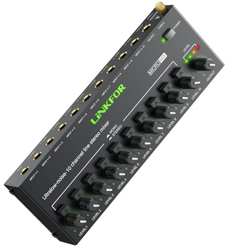 LiNKFOR 10-Channel Mini Stereo Audio Mixer with Independent Volume Control, Ultra Low Noise, DC 5V Type-C Interface