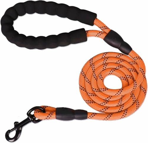 Heavy Duty Rope Dog Lead 5FT - Durable Anti-Slip Leash with Soft Padded Handle, Reflective Nylon Training Lead for Walking, Running, and Obedience – for Small, Medium & Large Dogs (Orange, Small)