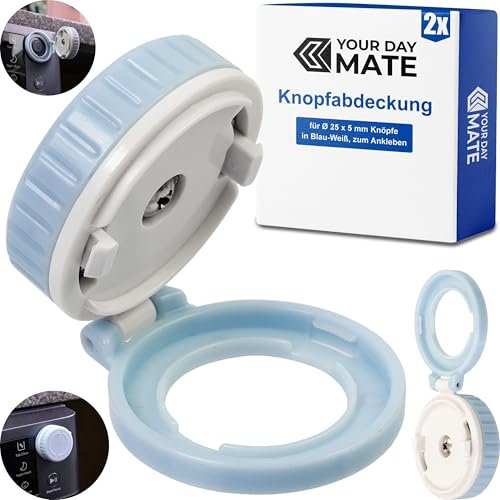 Knopfabdeckung Kindersicherung, 2 Stück, für Ø 25 x 5 mm Knöpfe, in Blau-Weiss, zum Kleben, für Herdknöpfe, Start-Stopp Knopf Spülmaschine, Waschmaschine, Mikrowelle, Baby Knopfsicherung Großgeräte