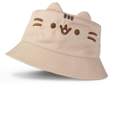 Pusheen Katzen-Mädchen-Beige-Eimerhut | Neuartiges Gesichtsdesign mit 3D-Ohren | Niedliche Cartoon-Accessoires | Pusheen Gesichtsbedeckung für Kinder | Lustiger Sommerhut