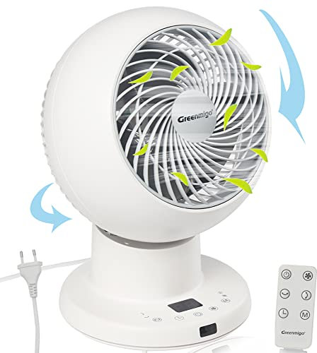 Greenmigo Leiser Smart Tischventilator für Schlafzimmer Büro,Ventilator mit Fernbedienung,30m² 3D Turbo Ventilator weiß,Gleichstrommotor,16W,5 Geschwindigkeiten,Oszillierend,Timer(GF-921D)
