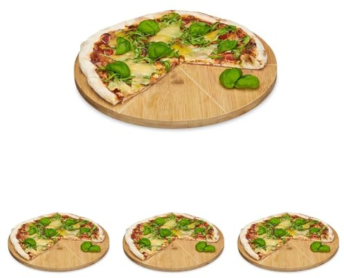 Relaxdays Pizzateller Bambus 33 cm Durchmesser, Schneidbrett aus Holz, schnittfestes Pizzabrett mit 6-facher Einteilung für gleichmäßig große Stücke, Holzteller für Pizza, natur, 33 x 33 x 1.5 cm
