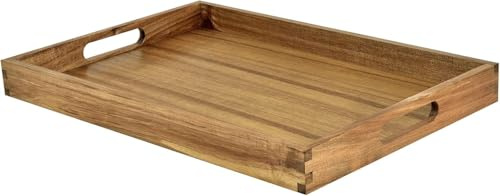 Yvttve Acacia Wood Serving Tray with Handles - Wooden Trays for Ottoman, Breakfast in Bed, Dinner, Coffee Table - Decorative Rectangular Tray for Living Room Bedroom Entryway and Kitchen (38 x 25 CM)
