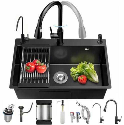Fregadero de cocina de acero inoxidable, práctico fregadero negro, con juego de grifo, con lavavajillas de tazas, dispensador de jabón y desagüe (80 x 50 cm)