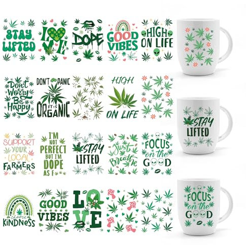 UV DTF Cup Wrap Stickers - 20 Sheets Weed Theme UV DTF Cup Wraps Flower Weed Leaves Inspirational Quotes Waterproof Rub On Transfer Decals for 16 Oz Glass Cups DIY Wood Crafts Holiday Presents