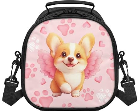 Aplkyhs Bonita lonchera Corgi con aislamiento térmico y correa para el hombro, estampado de huellas rosas, bolsa pequeña portátil para mantener la comida fría y caliente, lonchera escolar reutilizable