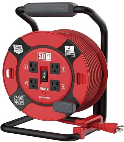 ZKLGS Kabelrolle, 100 Fuß einziehbare Verlänrungskabeltrommel mit 4 Steckdosen und robustem 14AWG-Kabel(50 ft)