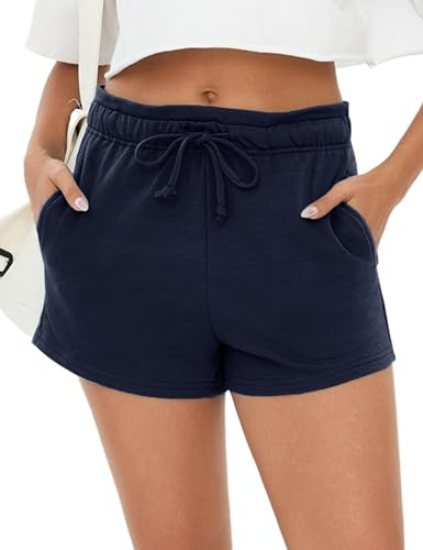 Leversic Femmes Shorts de Sport été Short Jogging Pantalon Court Coton Taille Haute avec Cordon Élastique et Poches pour Yoga Fitness Gym Bleu Marine L