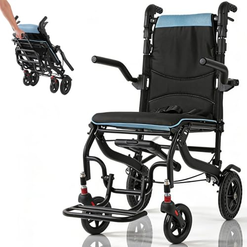 Transport Chair with Adjustable Height Backrest,Telescopic Handle,Super Lightweight,Transport Wheelchair Lightweight Foldable with Foldable Footrest and Armrests,for Elderly and Disabled,Holds 220 LBS
