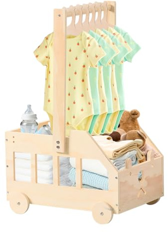 Taimimy Holz Baby Geschenk Korb mit Griff, Kinder Kleiderbügel und Girlande, Holz Babyparty Schrank, Baby Aufbewahrungskorb,Personalisierte Baby Korb für Schwangere Neue Eltern(Bärenkinderwagen)