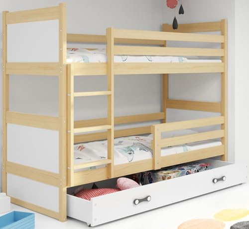Interbeds Etagenbett 190x90 cm Hochbett mit Schublade Stockbett Holzbett Kiefernholz Kinderbett Jugenbett mit Lattenrost und Rausfallschutz (Naturton, 190x90)