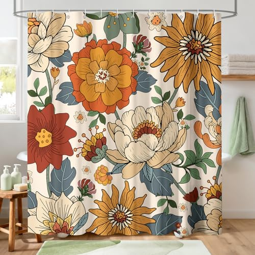 Hopomoon Rideau de Douche rétro 180 x 180 cm Imprimé Floral Luxuriant de Couleur crème Rideau de Douche bohème imperméable et Lavable de Style Vintage