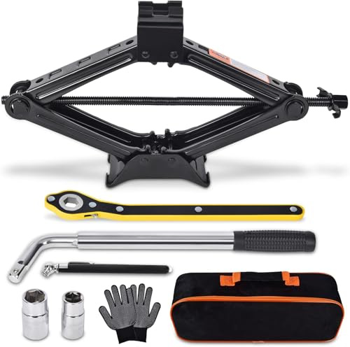 Neuytiky Cric da 2500 kg (110-420 mm) con Chiavi per Dadi + Chiave a Cricchetto + Borsa – Piastra in Acciaio Ingrandita, per Auto, SUV, MPV | Stabilità & Portabilità