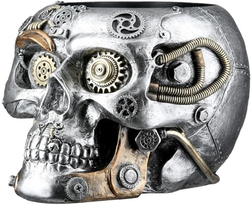 Brillibrum Design Steampunk Deko Figur Totenkopf Mechanical Skulptur Zahnrad Skull Dekoration Industrial Steam Punk Kunst Figur Toten Schädel Übertopf (Blumentopf/Variante 23)