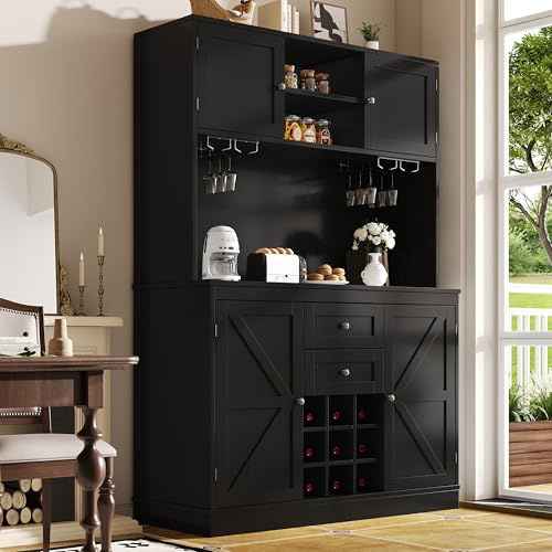 Merax Küchenschrank Buffetschrank, Hochschrank Sideboard, Küchenbuffet Vorratsschrank mit Arbeitsplatte, 4 Türen, 2 Schubladen, Weinglasregal, Offene Fächer, Mehrzweckschrank, 120x40x188cm, Schwarz
