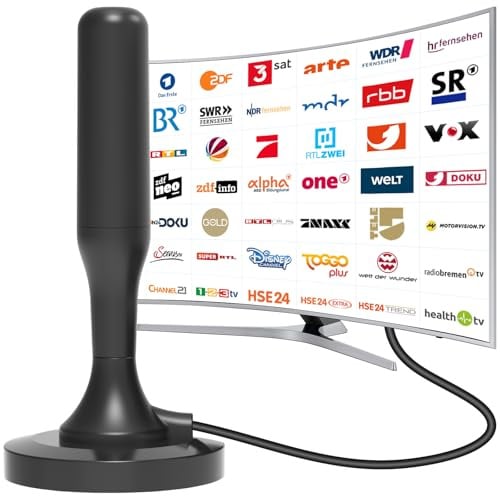 DVBT2 Antenne, Zimmerantenne für Fernseher, DVBT antenne Geeignet für lokale Sender, DVB-T & DVB-T2 Antennen mit Magnetfußl 360°Allroundempfang, 4K UHD Kostenlose lokale Sender 3m Kabel (Schwarzer)