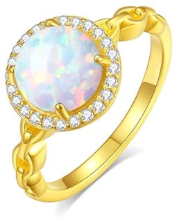 Ring Damen Cool, Ring Damen Daumen Vintage Runder Opal mit Moissanit Gold 14K Gelbgold Größe 54 (17.2)