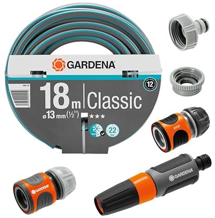 Gardena Classic Gartenschlauch 1/2 18 m Set mit Anschlüssen – flexibler PVC Wasserschlauch druckbeständig UV-beständig knickfest für Gartenbewässerung Komplettset