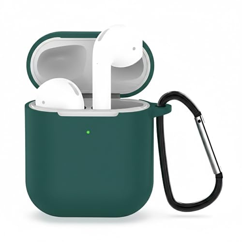 Techsuit Silikonhülle für Apple AirPods 1, AirPods 2 mit Glattem Ultradünnem Material, Stoßfest, Staubresistent, Kabelloses Laden Kompatibel, Karabiner Inklusive, Silikon, Dunkelgrün