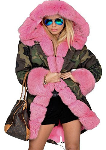 Roiii Parka da donna con cappuccio, giacca invernale spessa, cardigan lungo, taglie forti 36-44, 7005 rosa, S