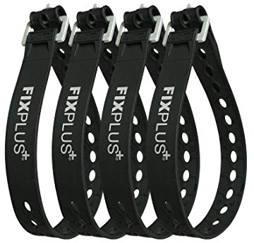 Fixplus Strap Pack of 4 – Tie-down strap for securing, attaching, bundling and lashing made of special plastic with aluminum buckle 46 cm x 2.4 cm (black)