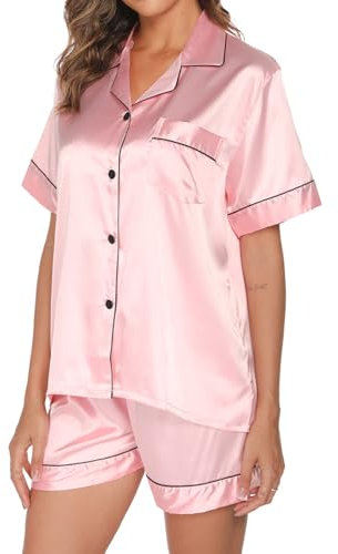 Ensemble de pyjama pour femme en satin et soie à manches longues/courtes, boutonné, couleur unie, pour toute l'année - Rose - XX-Large