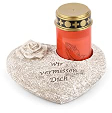 Novaliv Grabschmuck Herz Grau mit Rose Spruch Wir vermissen Dich inkl. LED Grablicht Rot Grabdeko Grabherz Wetterfest Grabdekoration Gedenkstein Teelichthalter Trauerstein
