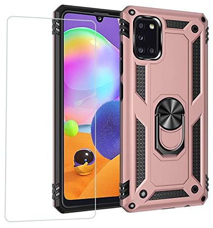 Joytag kompatibel für Samsung A31 Hülle，handyHülle+ panzerglasfolie Silikon TPU 360 Grad Drehring aus Halter magnetisch Autotelefon case-Rosé Gold