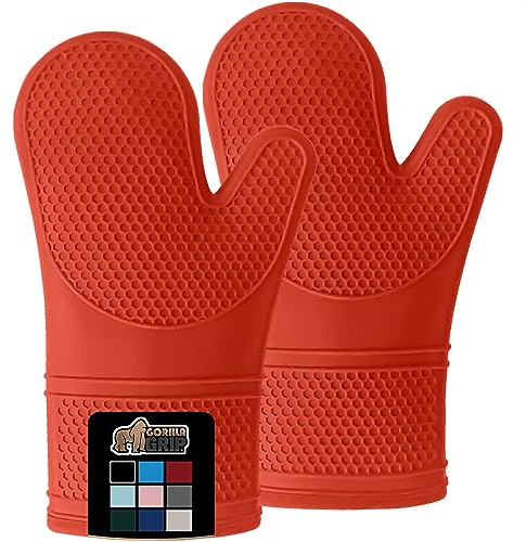 GORILLA GRIP Gants de cuisine en silicone souple sans BPA, résistants à la chaleur et antidérapants, avec doublure en coton épais, longs maniques flexibles pour protéger les mains, gants imperméables