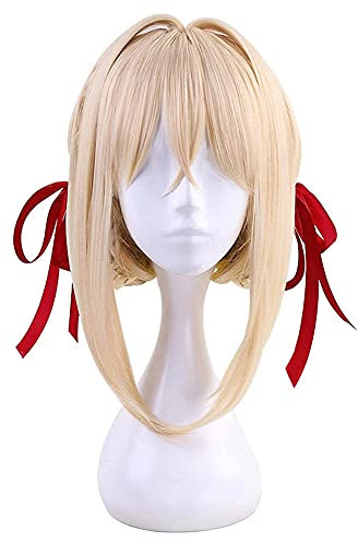Hencik Violet Evergarden Perruque de cosplay, crémeuse, dorée, avec frange, pour femme et fille, accessoire avec bonnet de perruque
