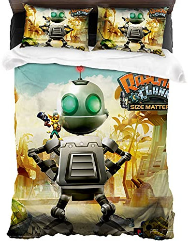ANSSON Ratchet & Clank Kinder Bettwäsche,3-teiliges Set Weiche und gemütliche Spielfan bettwäsche - Fadingbeständige Mikrofaser Kissenbezug (Single 135x200, Clank1)