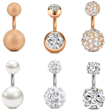 Incaton Bauchnabelpiercing 6MM Stablänge Nabelpiercing Ring Banane Piercing mit Kristall Kugeln Piercing Schmuck Set Silber Rosegold 6 STK 14 Gauge