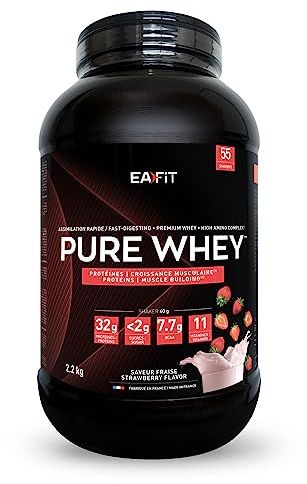 WHEY PROTEIN - Fraise 2,2 kg - EAFIT - Marque Française N°1 en Nutrition Sportive - 32g de Proteine Whey - BCAA - Shaker Proteine - Pre Workout, Musculation - Protéines Whey