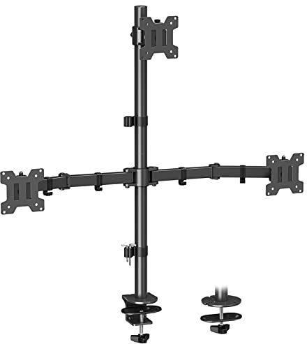 MOUNT PRO Soporte triple para monitor, soporte de escritorio para 3 pantallas de hasta 32 pulgadas, 17.6 libras cada una, soporte apilado totalmente ajustable, montaje VESA de mesa, abrazadera C/base