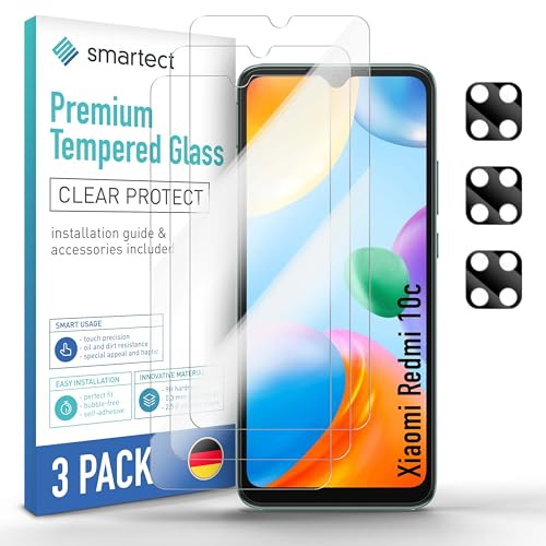 smartect Cristal Templado 3 + 3 Piezas para Xiaomi Redmi 10c | Protector Pantalla + Cámara, Vidrio Templado HD Antiarañazos, 0.3 mm Ultra Transparente, Dureza 9H, Sin Burbujas