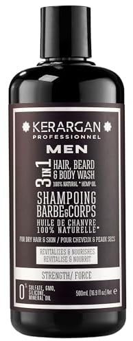 Kerargan - Stärkendes 3in1 Shampoo mit Hanföl - Stärkt Haare, Bart und Körper - Revitalisiert, Nährt - Für Trockene Haut und Haare - Ohne Sulfate, GMO, Silikon, Mineralöl - 500ml