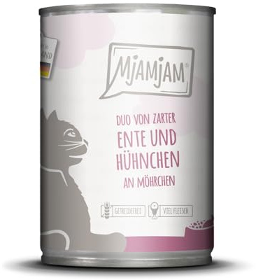 MjAMjAM - Premium Nassfutter für Katzen – Duo aus zarter Ente und saftigem Huhn auf Karotten, 1 Packung (1 x 400 g), getreidefrei mit zusätzlichem Fleisch