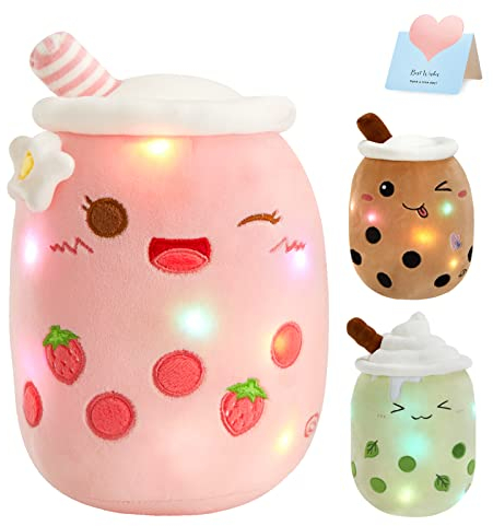 Athoinsu Linda almohada de peluche de té con leche de fresa Boba, taza de té de burbujas suave, regalo de dibujos animados kawaii para niños, decoración del hogar, original, 10.2 pulgadas