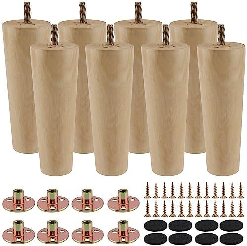 FUNSUEI 8 PCS 15cm Wooden Furniture Leg, Table Legs Wooden, Replacement Chair Legs with Mounting Plates and Screws Wood Sofa Legs for Armchairs, Couches, Ottomans, Cabinets