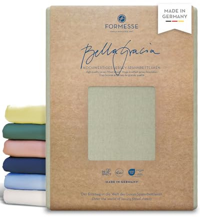 Bella Gracia hochwertiges Jersey-Spannbettlaken: glatt, weich schöne Farben | FORMESSE Farbe Graugrün; 90x190-100x220cm, bis 25cm; 97% Baumwoll-Kompaktgarn, 3% Elastan; pillingarm, faltenfrei, 60°C