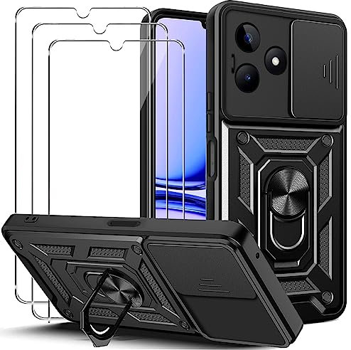 KUSINHOKA Funda para Realme C53/Realme C51 con Protección de Cámara Cubierta y Soporte de Anillo + [3 Pack] Cristal Templado, [Antigolpes Grado Militar] [Anti-arañazos] Protectora Carcasa Funda