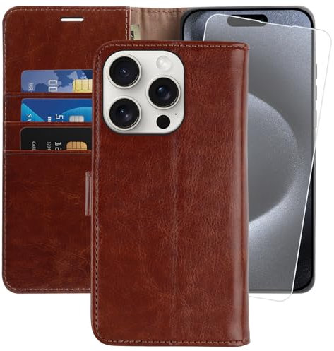 MONASAY for iPhone 15 Pro Max 5G Wallet Case,6.7-inch, [Glass Screen Protector Included] [RFID Blocking] Flip Folio Leather Cell Phone Cover with Credit Card Holder, Brown