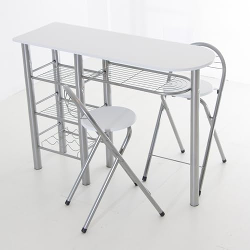 DUPI Conjunto Mesa de Cocina Bar | Estructura Metálica | Tabla de Madera | 4 Estantes | 2 Taburetes Plegables | Ideal para Cocina Pequeña, 120 x 40 x 87 cm (Blanco)