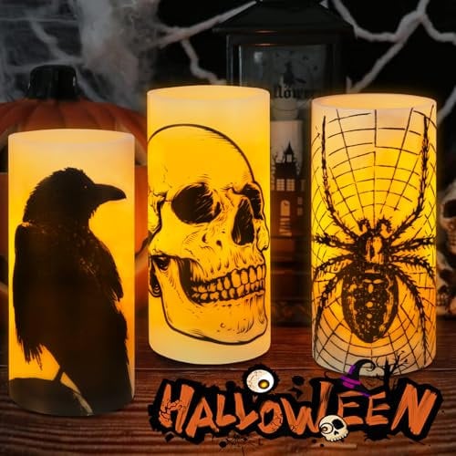 Frasheng Halloween LED Kerzen, 3er Set mit Totenkopf, Krähe, Spinne-Muster für Horror Gruselige Halloween Heimdekoration, Gelbes Licht Blinkt (15cm)