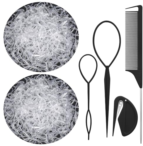 2000 Stück Haargummis Klein Durchsichtige Haargummis Mini Elastisch Haar Band mit Haargummis Cutter,Haarschwanz-Werkzeuge,Stielkamm für Mädchen Dame Puppe Haarstyling