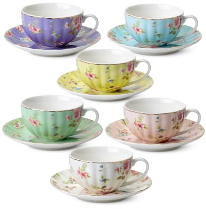 Brew To A Tea BTaT - Teetassen und Untertassen, 6er-Set, Porzellan, Teetassen, 200 ml, für Teeparty, Rosenmuster, Teeservice