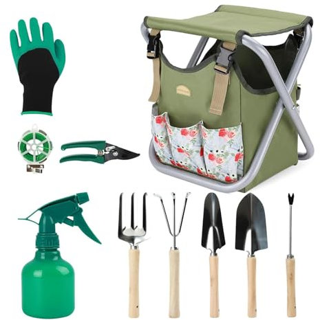 11 Pezzi Set Di Attrezzi Da Giardino Professionali Kit Giardinaggio Con Sgabello Pieghevole E Borsa Utensili Da Giardino in Acciaio Inossidabile Strumenti Da Giardinaggio Per Donne E Uomini ,Rose