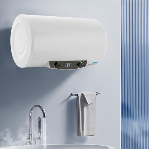 Calentador de agua eléctrico de almacenamiento horizontal, 2000 W, 25-75 °C, calentador de agua eléctrico a presión con ducha de mano, válvula de seguridad, juego de ducha (120 L)