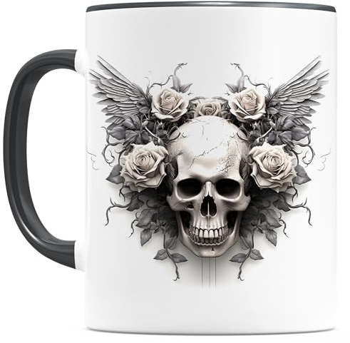 Totenkopf Tasse Totenschädel Skull Schädel Skelett Kaffeebecher Gothic mit Rosen Blumen Kaffeetasse aus Keramik 330 ml (Rosen & Flügel 1)